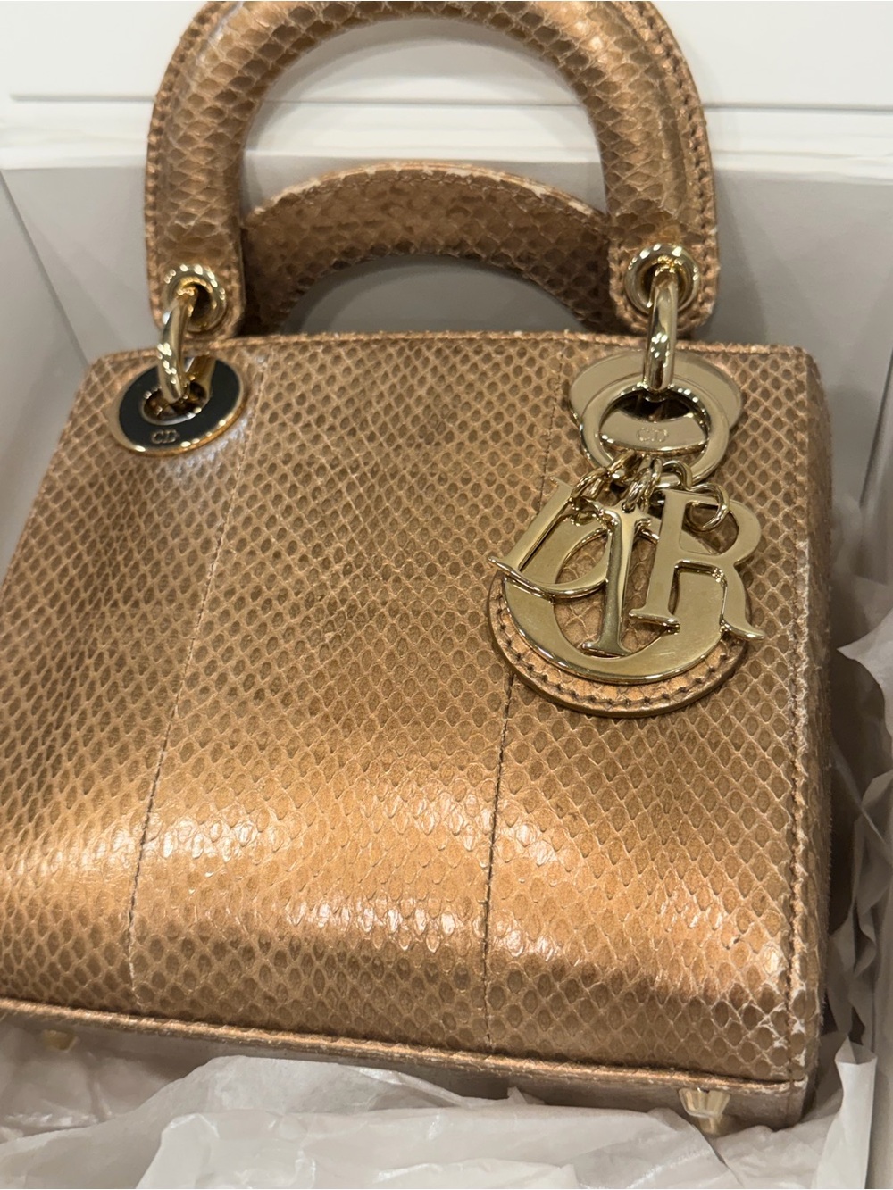 Dior Metallic Gold Python Lady Dior Top Handle Satchel - Picture 8 of 8
